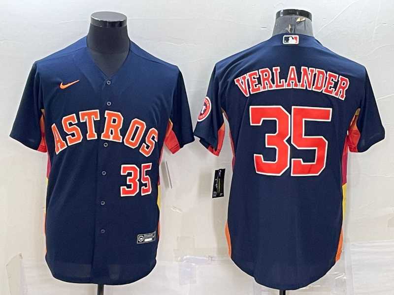 Men%27s Houston Astros #35 Justin Verlander Number Navy Blue With Patch Stitched MLB Cool Base Nike Jersey